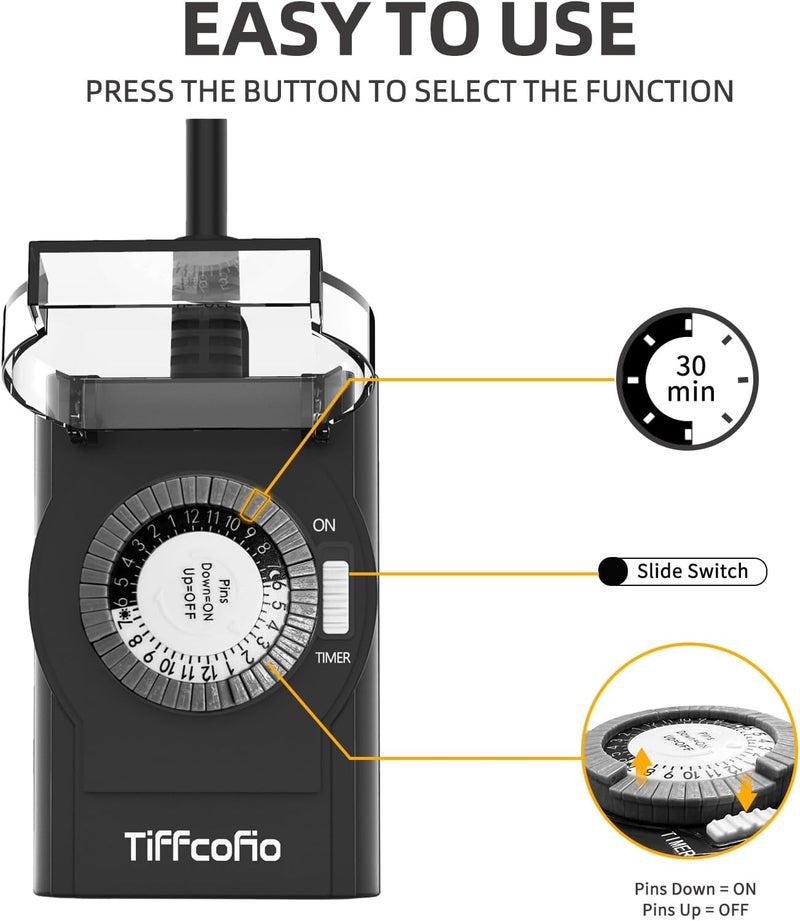 Tiffcofio Outdoor Timer Outlet Waterproof, 24 Hour Mechanical Light Timer Outdoor, 2 Grounded Outlets for Home and Garden, 15A 1/2HP, Heavy Duty, ETL Listed (1 Pack) - Image 5